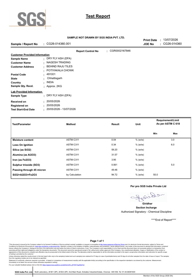 First page of the SGS India test report for dry fly ash, report number CG26-014360.001